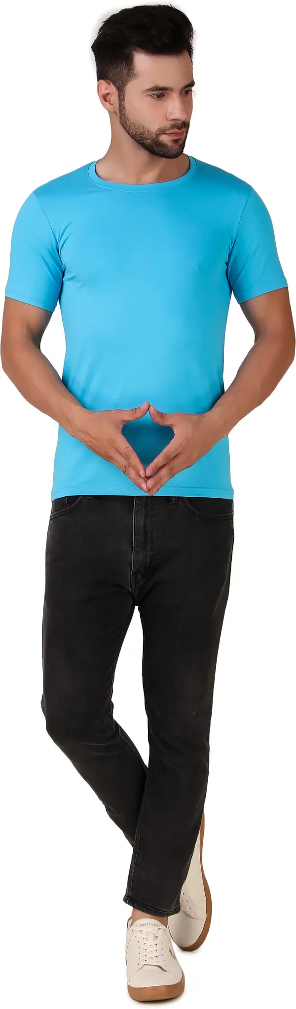 Light_Blue_Cotton_Blend_Solid_Round_Neck_Light_T-Shirt_For_Men