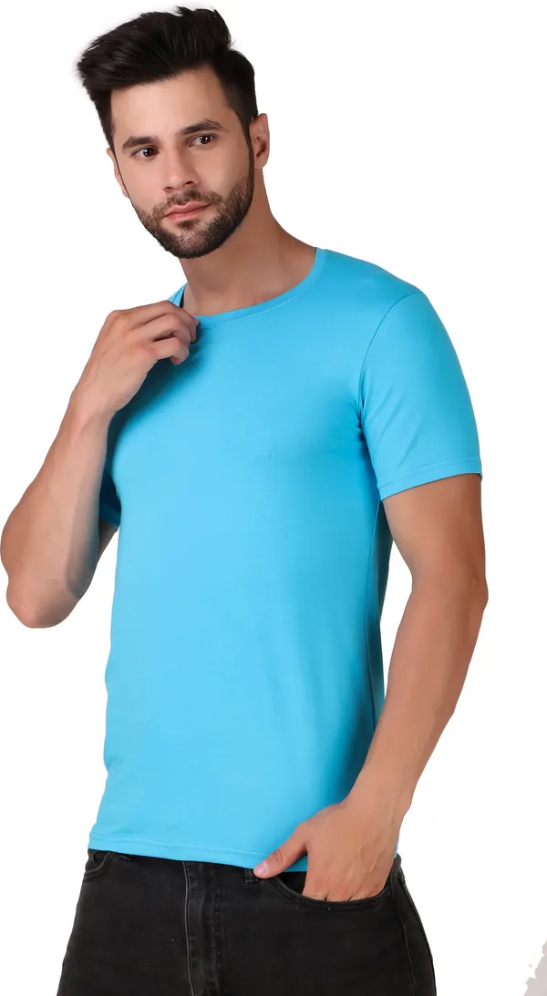 Light_Blue_Cotton_Blend_Solid_Round_Neck_Light_T-Shirt_For_Men