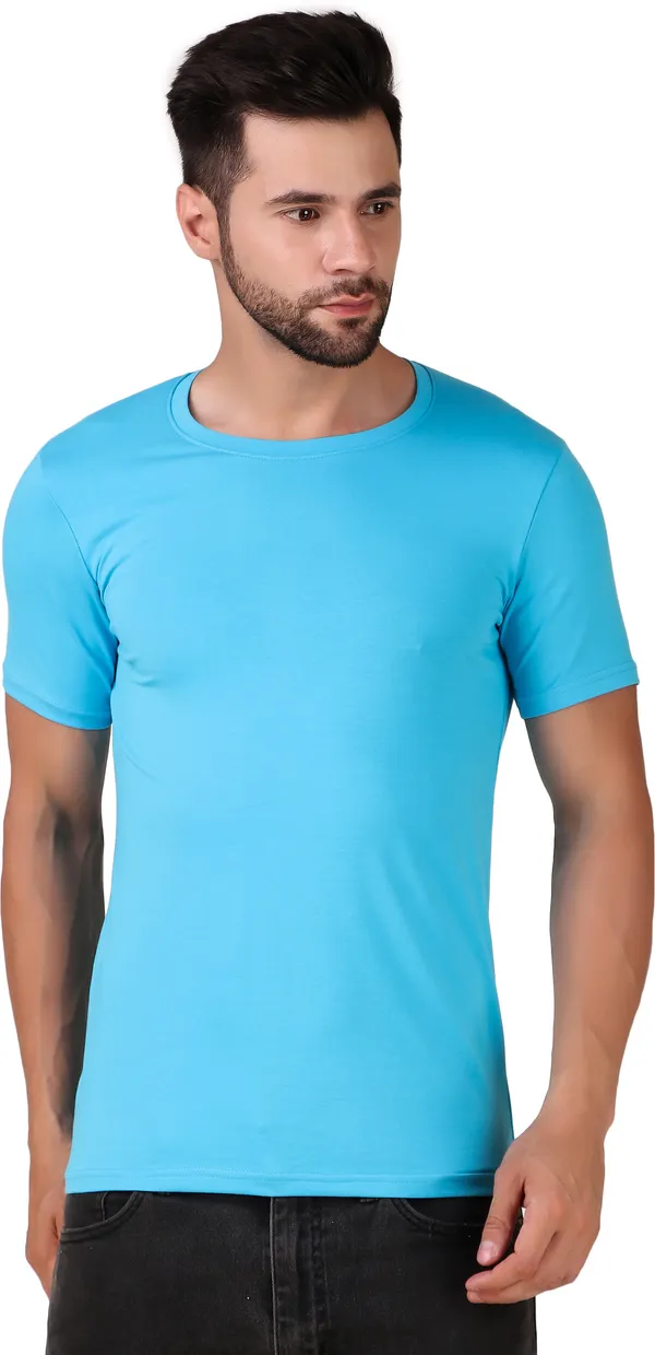 Light_Blue_Cotton_Blend_Solid_Round_Neck_Light_T-Shirt_For_Men