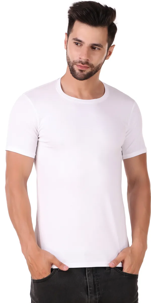 White_Cotton_Blend_Solid_Round_Neck_T-Shirt_For_Men