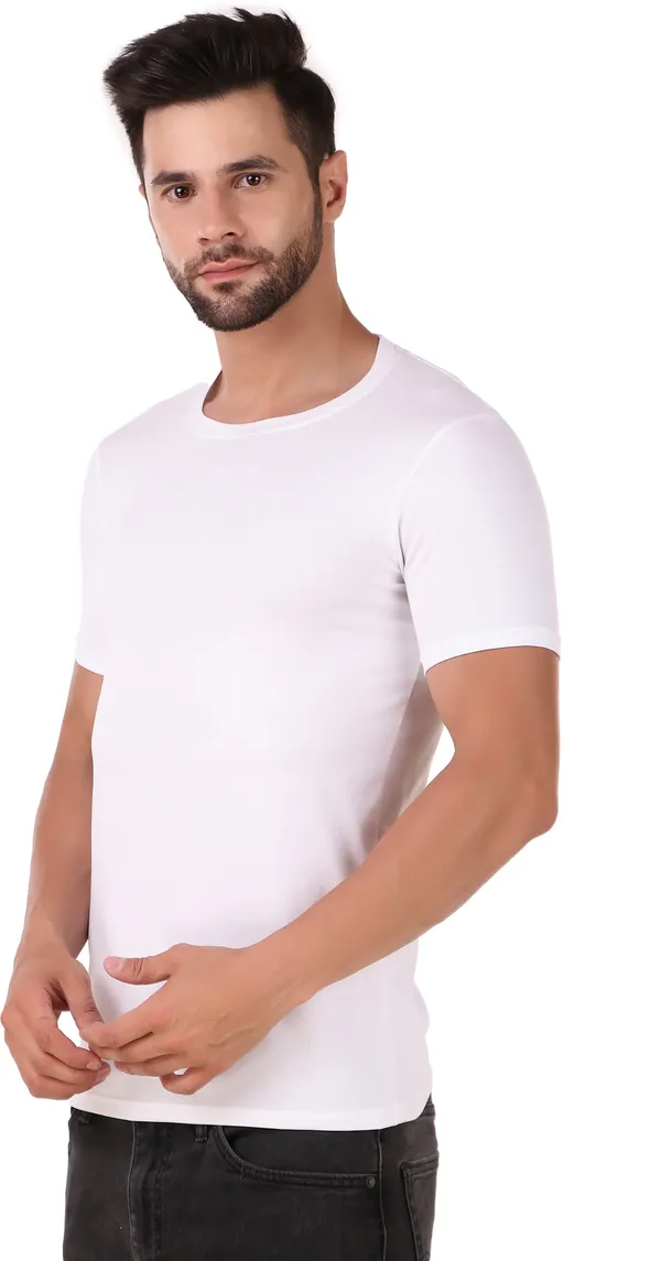 White_Cotton_Blend_Solid_Round_Neck_T-Shirt_For_Men