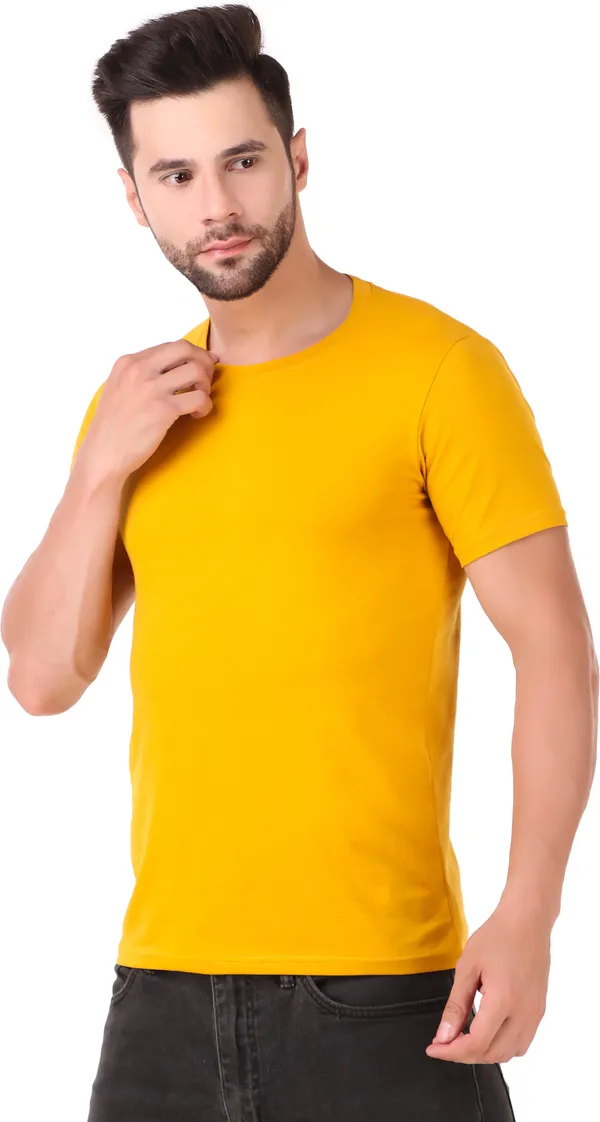 Yellow_Cotton_Blend_Solid_Round_Neck_T-Shirt_For_Men