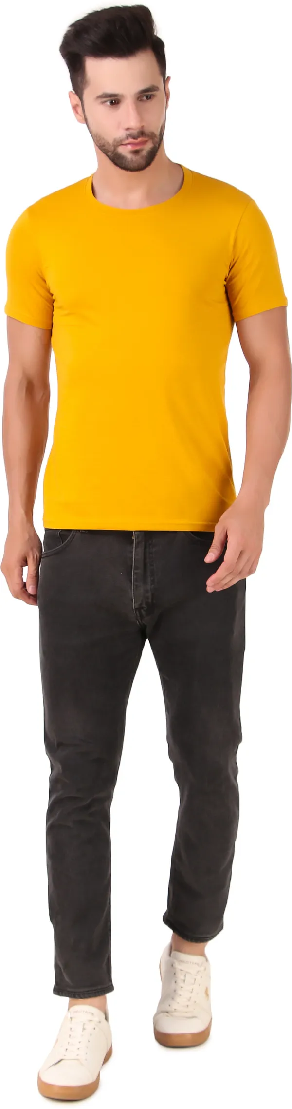 Yellow_Cotton_Blend_Solid_Round_Neck_T-Shirt_For_Men