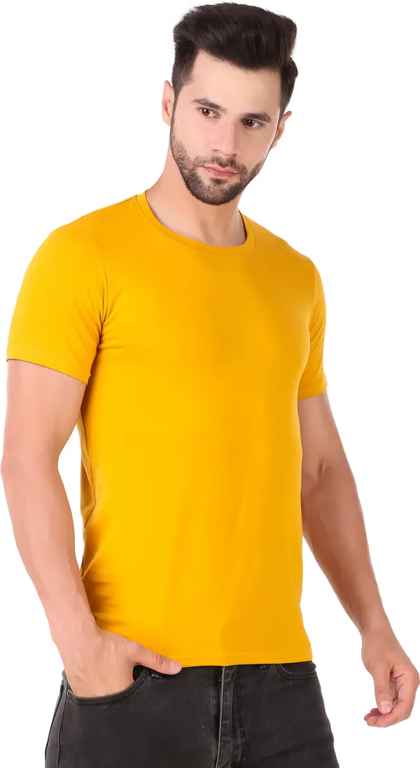 Yellow_Cotton_Blend_Solid_Round_Neck_T-Shirt_For_Men