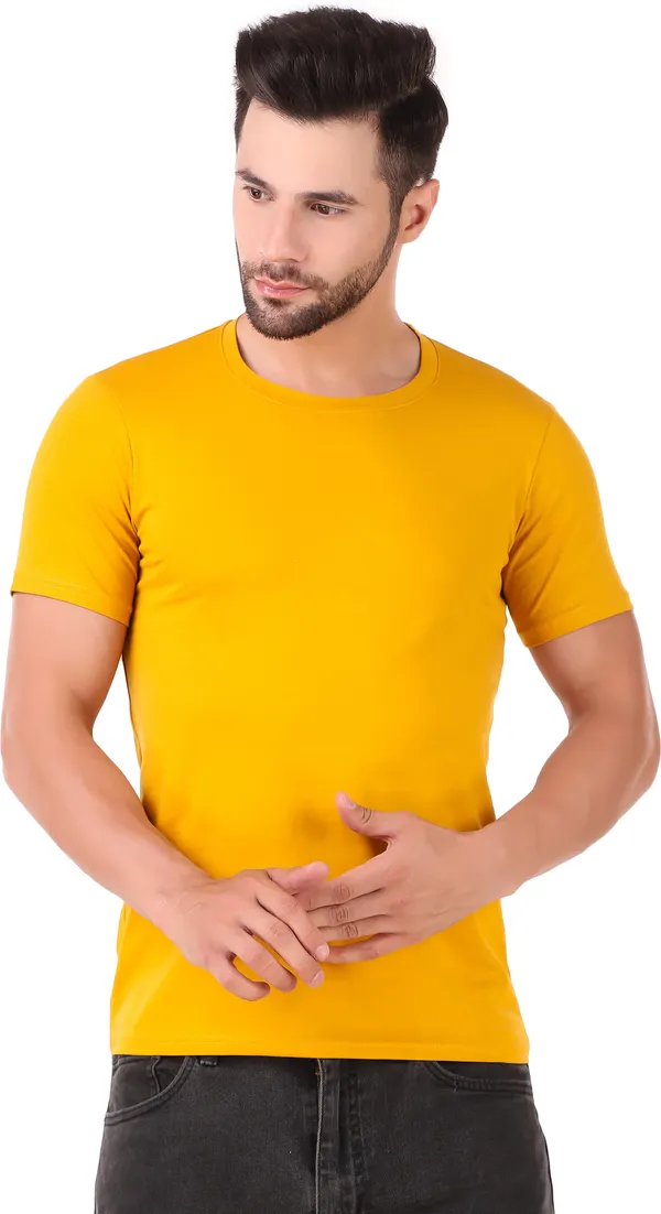 Yellow_Cotton_Blend_Solid_Round_Neck_T-Shirt_For_Men