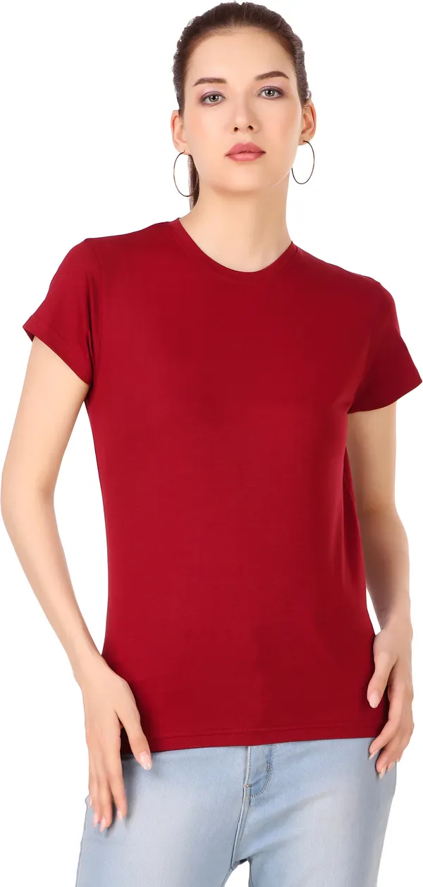 Maroon_Cotton_Blend_Solid_Round_Neck_T-Shirt_For_Women