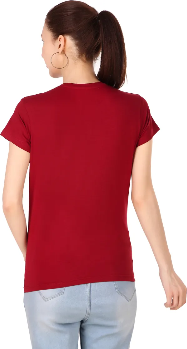 Maroon_Cotton_Blend_Solid_Round_Neck_T-Shirt_For_Women
