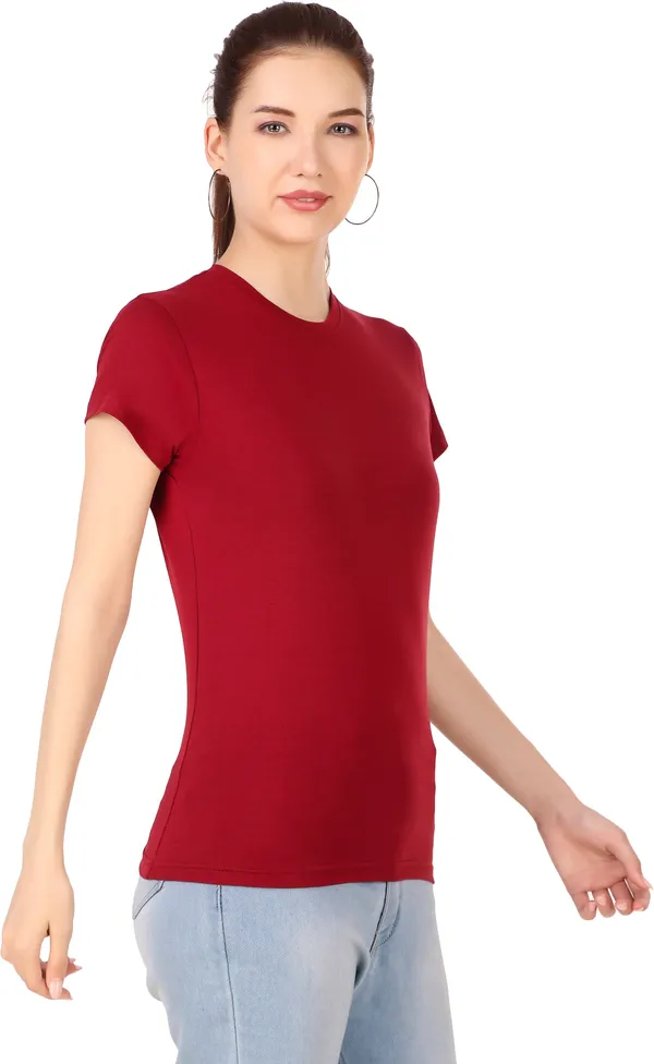 Maroon_Cotton_Blend_Solid_Round_Neck_T-Shirt_For_Women