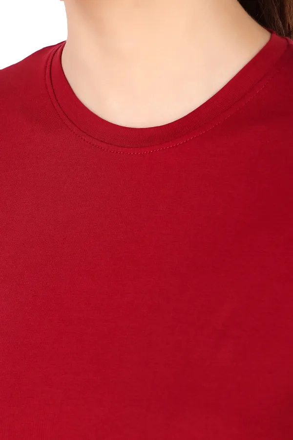 Maroon_Cotton_Blend_Solid_Round_Neck_T-Shirt_For_Women