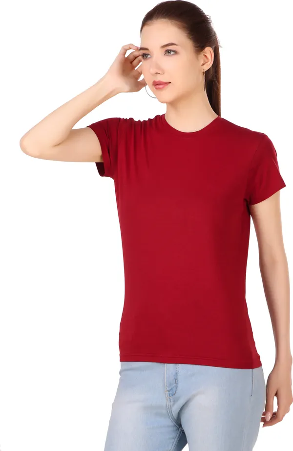 Maroon_Cotton_Blend_Solid_Round_Neck_T-Shirt_For_Women