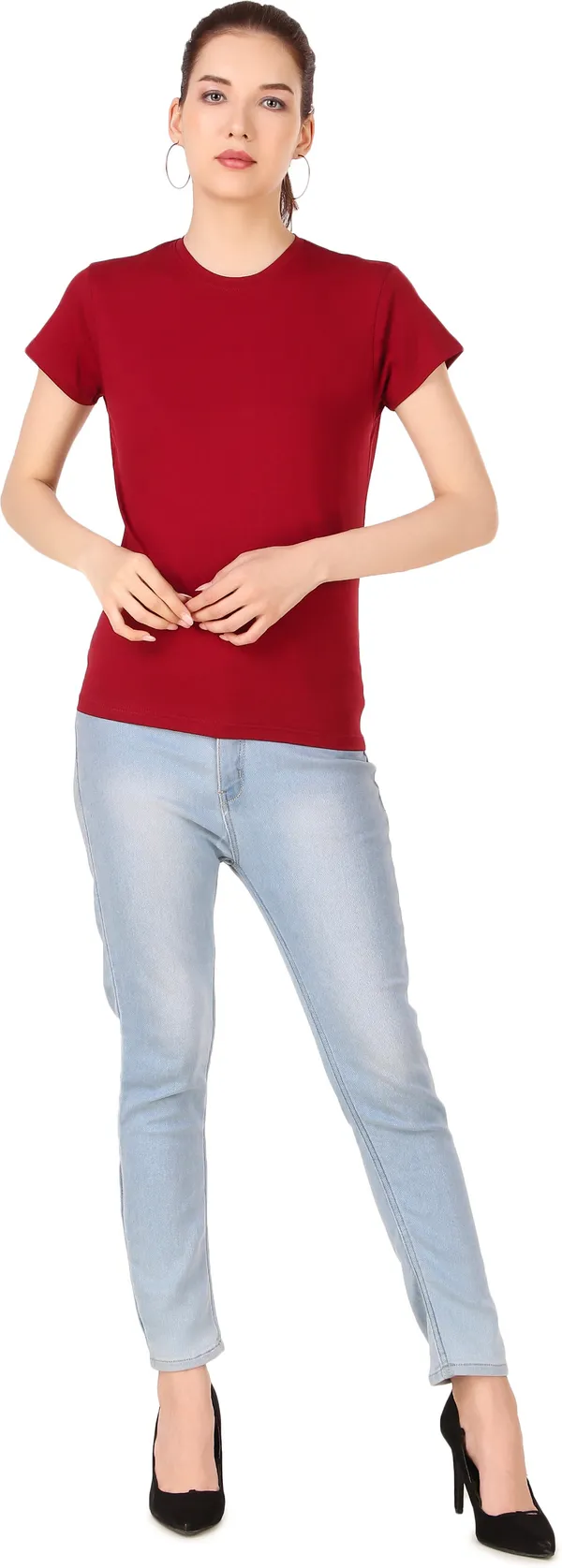 Maroon_Cotton_Blend_Solid_Round_Neck_T-Shirt_For_Women
