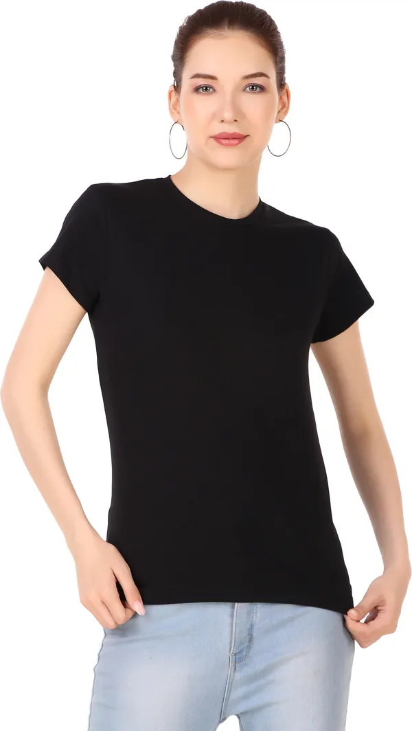 Black_Cotton_Blend_Solid_Round_Neck_T-Shirt_For_Women