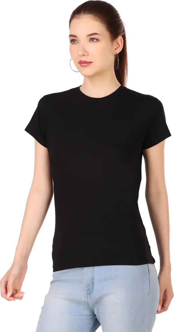 Black_Cotton_Blend_Solid_Round_Neck_T-Shirt_For_Women