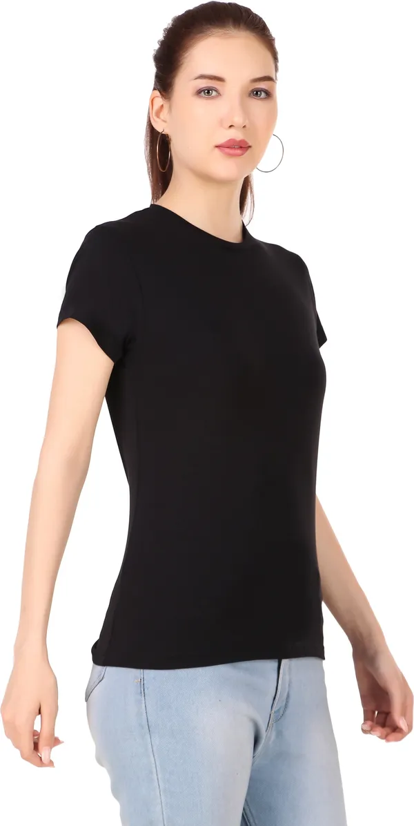 Black_Cotton_Blend_Solid_Round_Neck_T-Shirt_For_Women