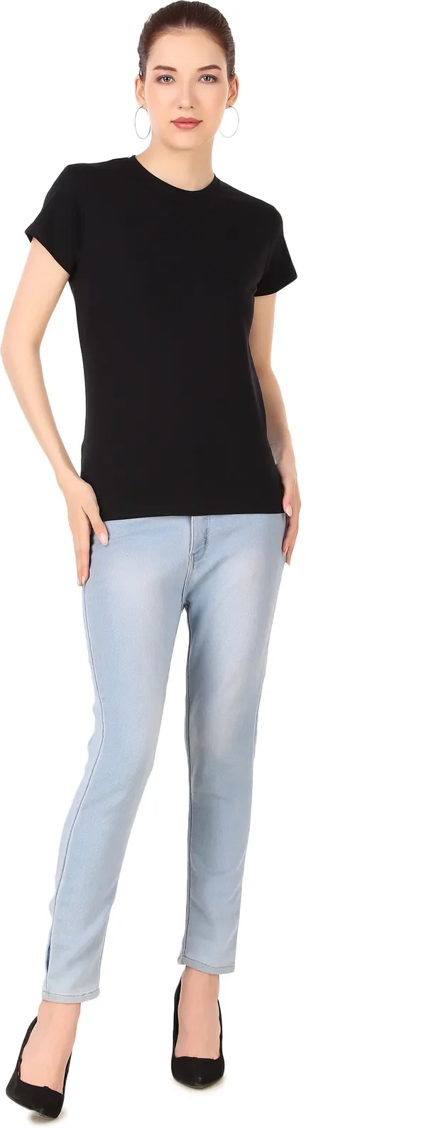Black_Cotton_Blend_Solid_Round_Neck_T-Shirt_For_Women