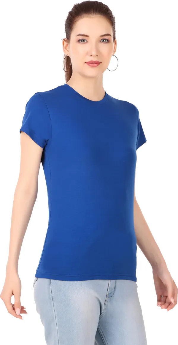 Blue_Cotton_Blend_Solid_Round_Neck_T-Shirt_For_Women