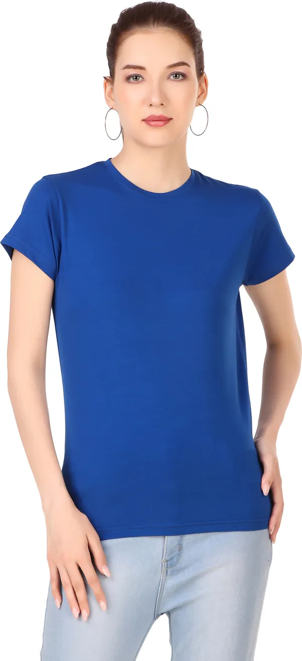 Blue_Cotton_Blend_Solid_Round_Neck_T-Shirt_For_Women