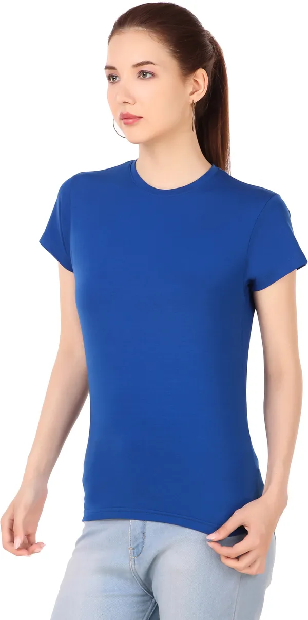 Blue_Cotton_Blend_Solid_Round_Neck_T-Shirt_For_Women