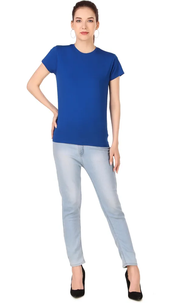 Blue_Cotton_Blend_Solid_Round_Neck_T-Shirt_For_Women