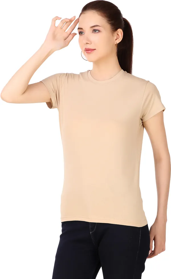 Beige_Cotton_Blend_Solid_Round_Neck_T-Shirt_For_Women