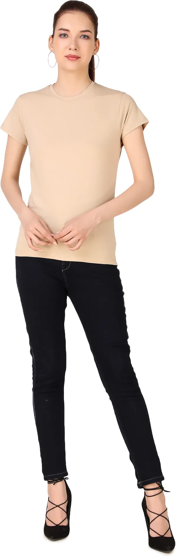 Beige_Cotton_Blend_Solid_Round_Neck_T-Shirt_For_Women