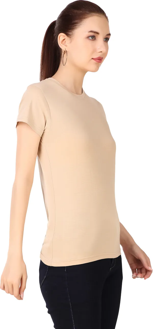 Beige_Cotton_Blend_Solid_Round_Neck_T-Shirt_For_Women