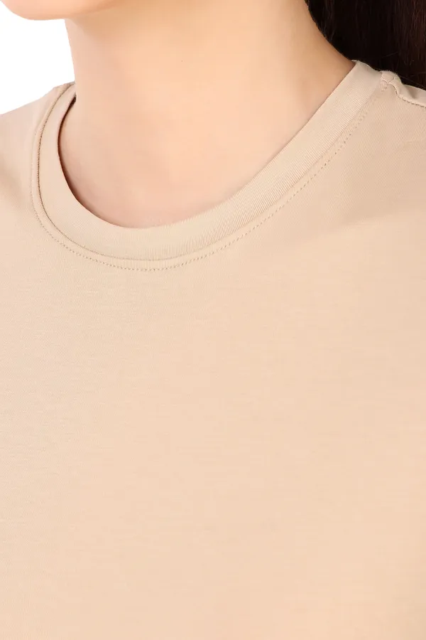 Beige_Cotton_Blend_Solid_Round_Neck_T-Shirt_For_Women