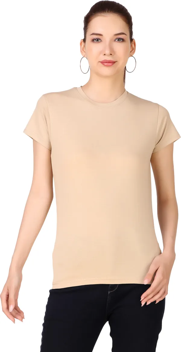 Beige_Cotton_Blend_Solid_Round_Neck_T-Shirt_For_Women