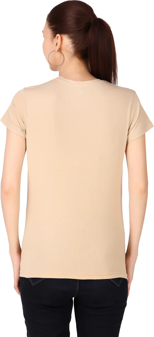 Beige_Cotton_Blend_Solid_Round_Neck_T-Shirt_For_Women