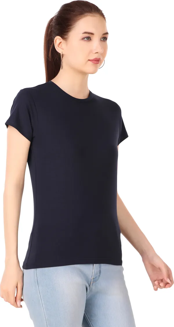 Dark_Blue_Cotton_Blend_Solid_Round_Neck_T-Shirt_For_Women