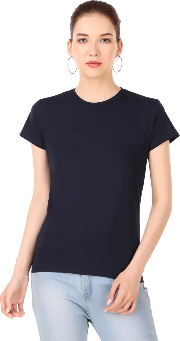 Dark_Blue_Cotton_Blend_Solid_Round_Neck_T-Shirt_For_Women