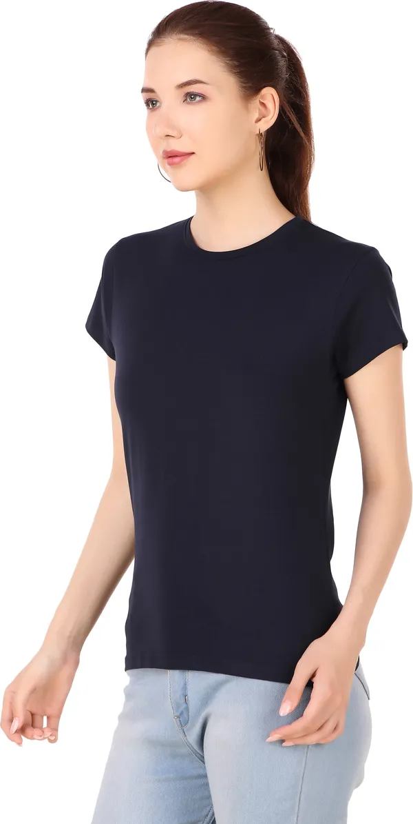 Dark_Blue_Cotton_Blend_Solid_Round_Neck_T-Shirt_For_Women