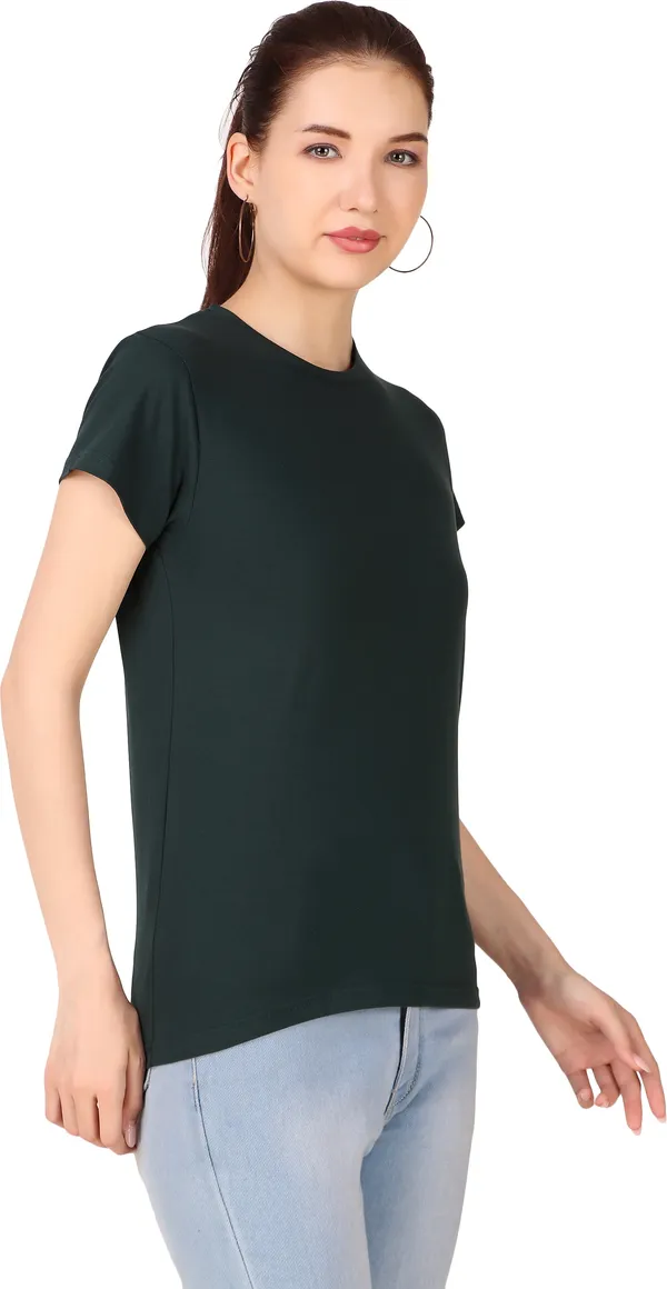 Dark_Green_Cotton_Blend_Solid_Round_Neck_T-Shirt_For_Women