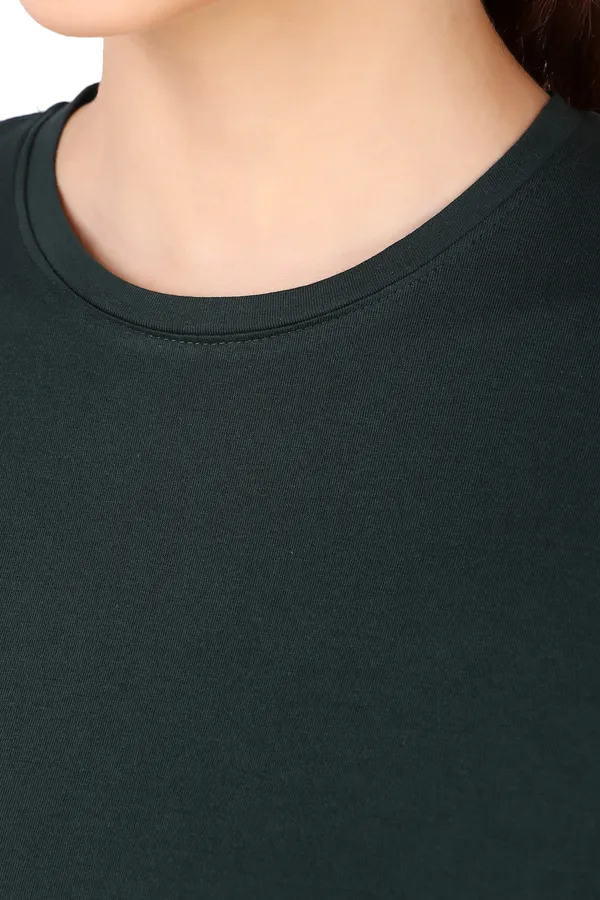 Dark_Green_Cotton_Blend_Solid_Round_Neck_T-Shirt_For_Women