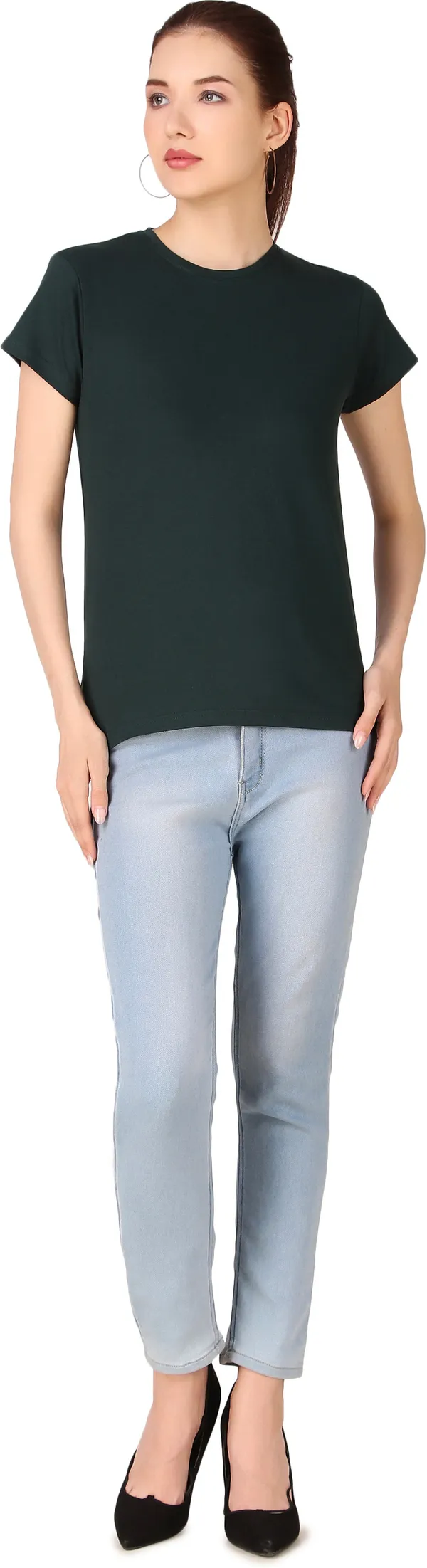Dark_Green_Cotton_Blend_Solid_Round_Neck_T-Shirt_For_Women