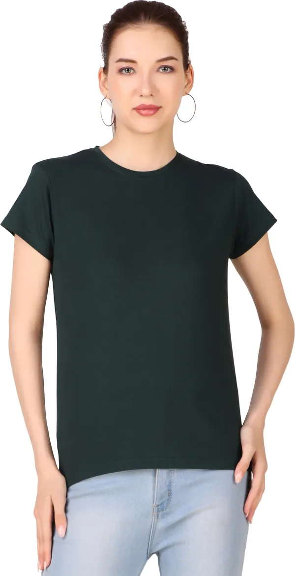 Dark_Green_Cotton_Blend_Solid_Round_Neck_T-Shirt_For_Women