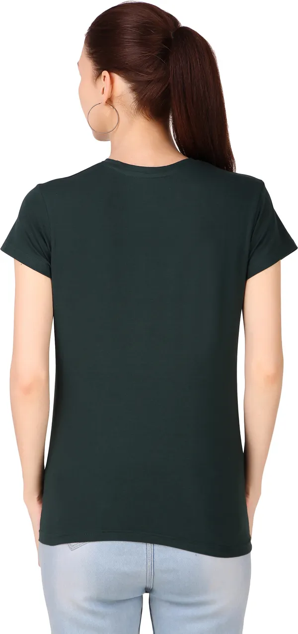 Dark_Green_Cotton_Blend_Solid_Round_Neck_T-Shirt_For_Women