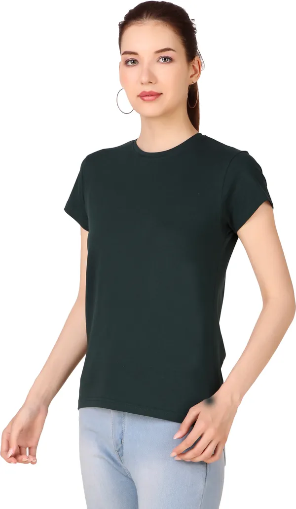 Dark_Green_Cotton_Blend_Solid_Round_Neck_T-Shirt_For_Women