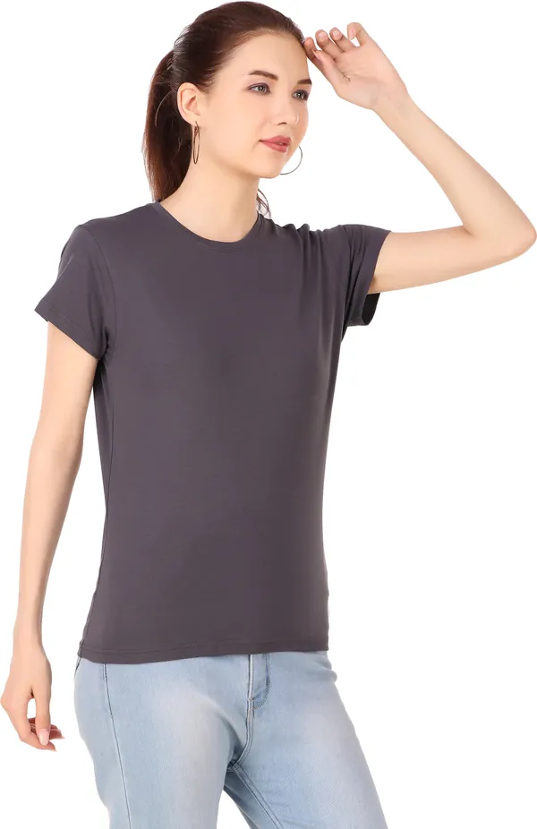 Grey_Cotton_Blend_Solid_Round_Neck_T-Shirt_For_Women