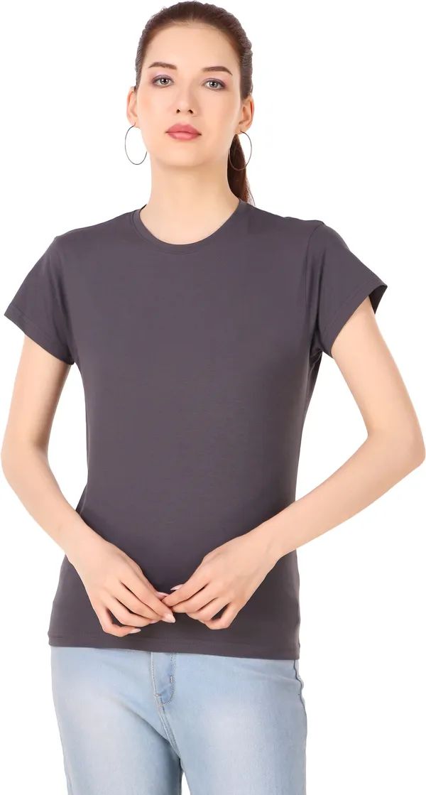 Grey_Cotton_Blend_Solid_Round_Neck_T-Shirt_For_Women