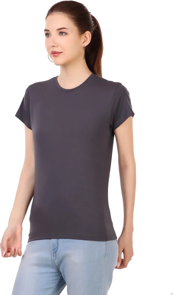 Grey_Cotton_Blend_Solid_Round_Neck_T-Shirt_For_Women