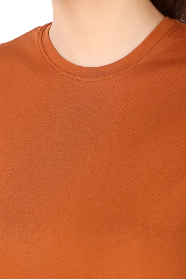 Orange_Cotton_Blend_Solid_Round_Neck_T-Shirt_For_Women