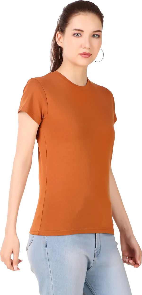 Orange_Cotton_Blend_Solid_Round_Neck_T-Shirt_For_Women