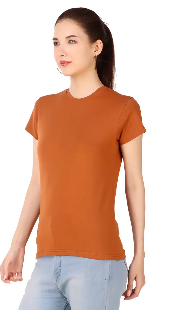 Orange_Cotton_Blend_Solid_Round_Neck_T-Shirt_For_Women