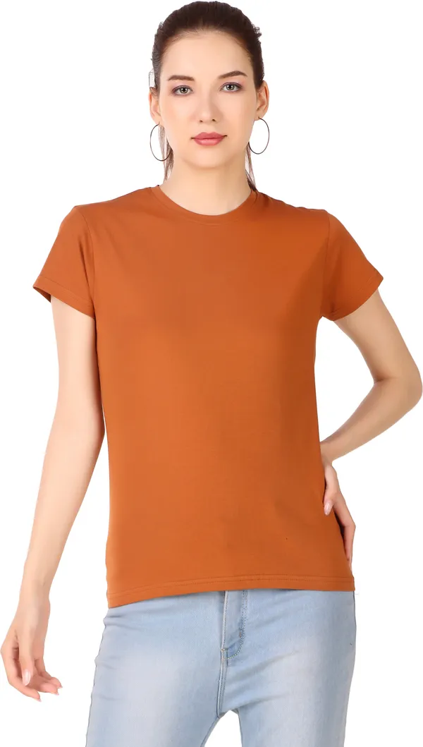 Orange_Cotton_Blend_Solid_Round_Neck_T-Shirt_For_Women