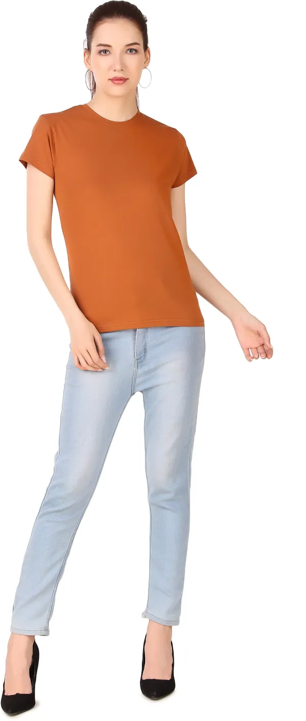Orange_Cotton_Blend_Solid_Round_Neck_T-Shirt_For_Women