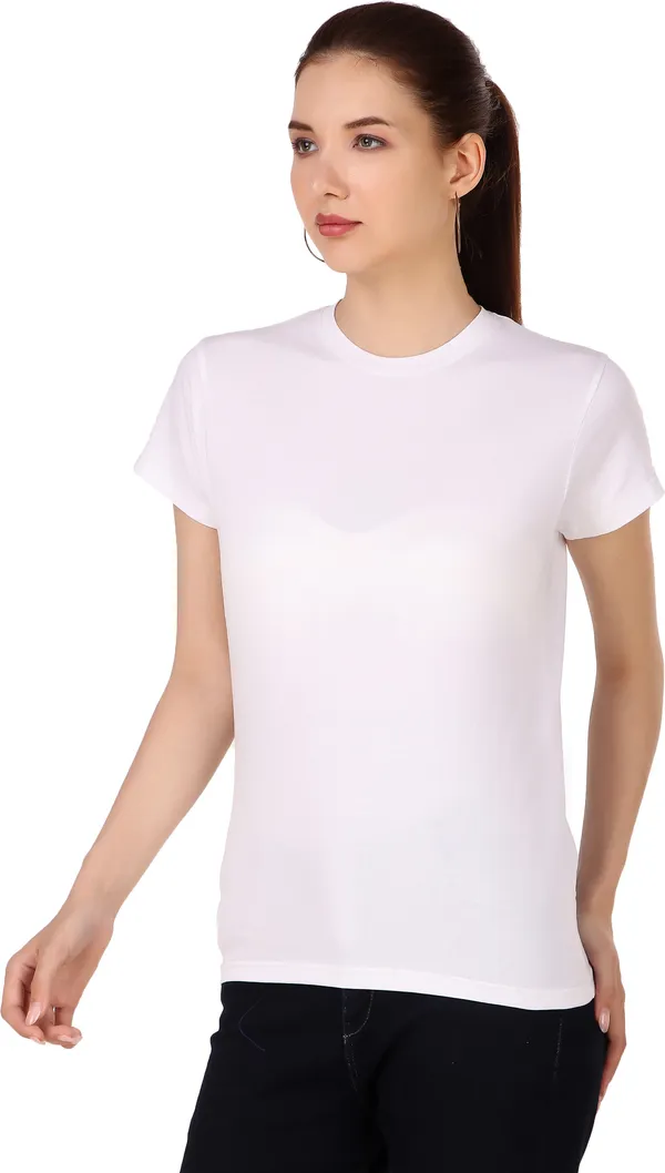 White_Cotton_Blend_Solid_Round_Neck_T-Shirt_For_Women