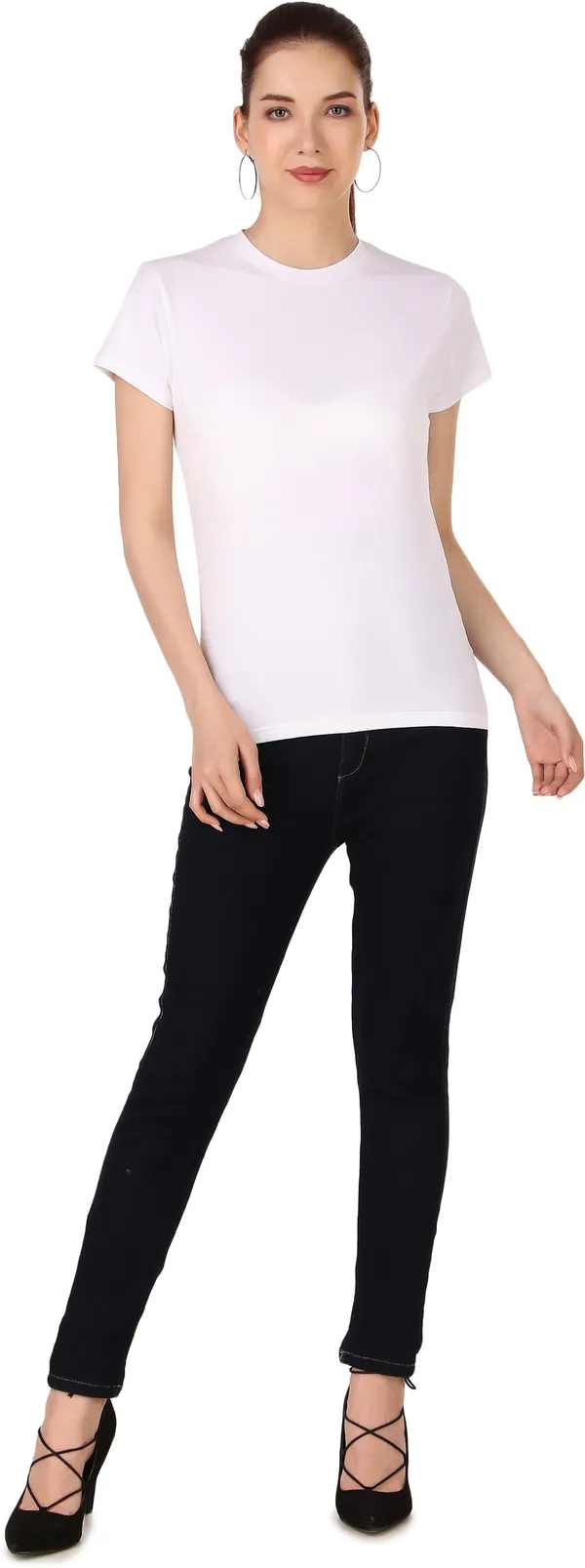 White_Cotton_Blend_Solid_Round_Neck_T-Shirt_For_Women