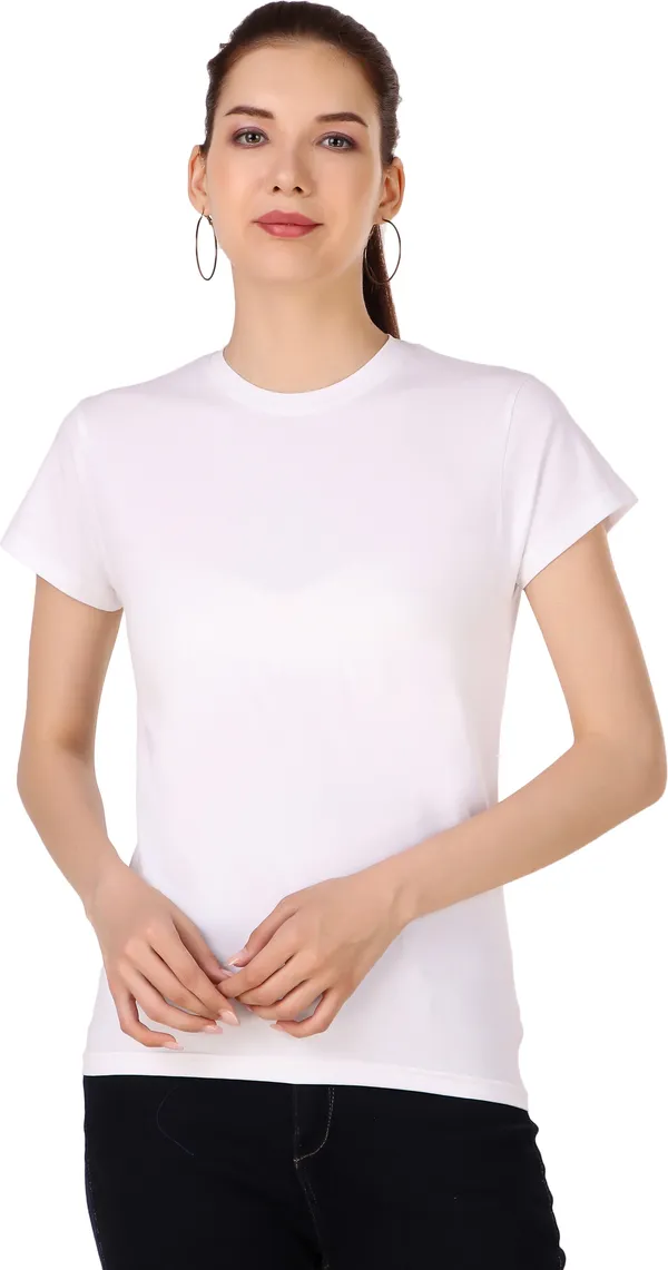 White_Cotton_Blend_Solid_Round_Neck_T-Shirt_For_Women