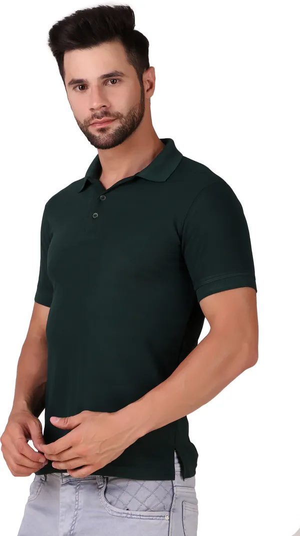 Dark_Green_Polyester_Solid_Polo_Neck_T-Shirt_For_Men